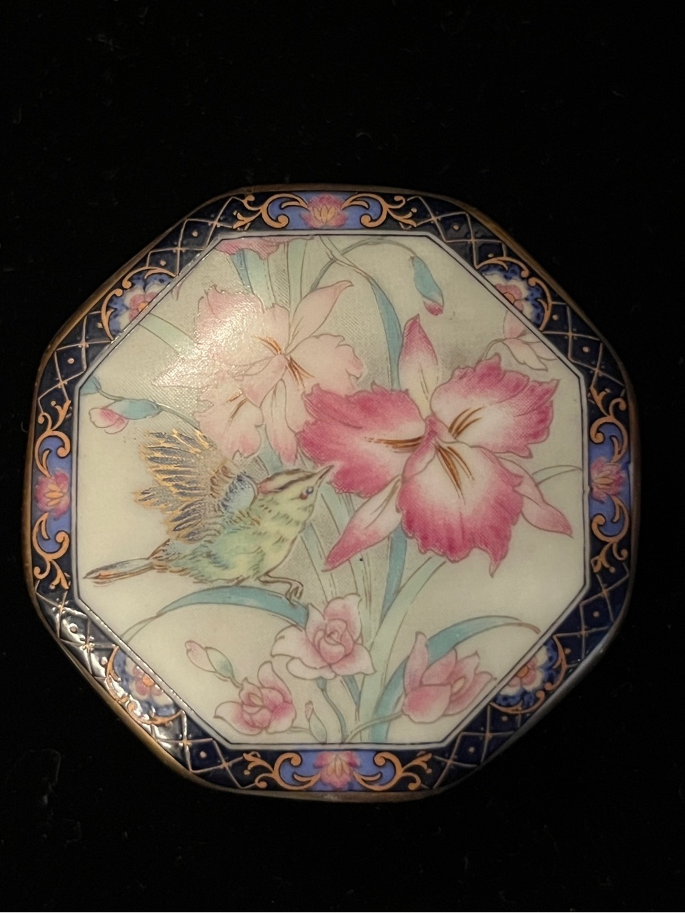 Vintage Japanese Porcelain Mini Jewelry Box Hand-Painted Floral Trinket Box Bird